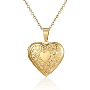 Vintage Engraved Flower Locket Picture Pendant Necklace Antique Carved Pattern Oval Heart Pendant Necklace For Women Hold Picture Souvenir Memorial Jewelry