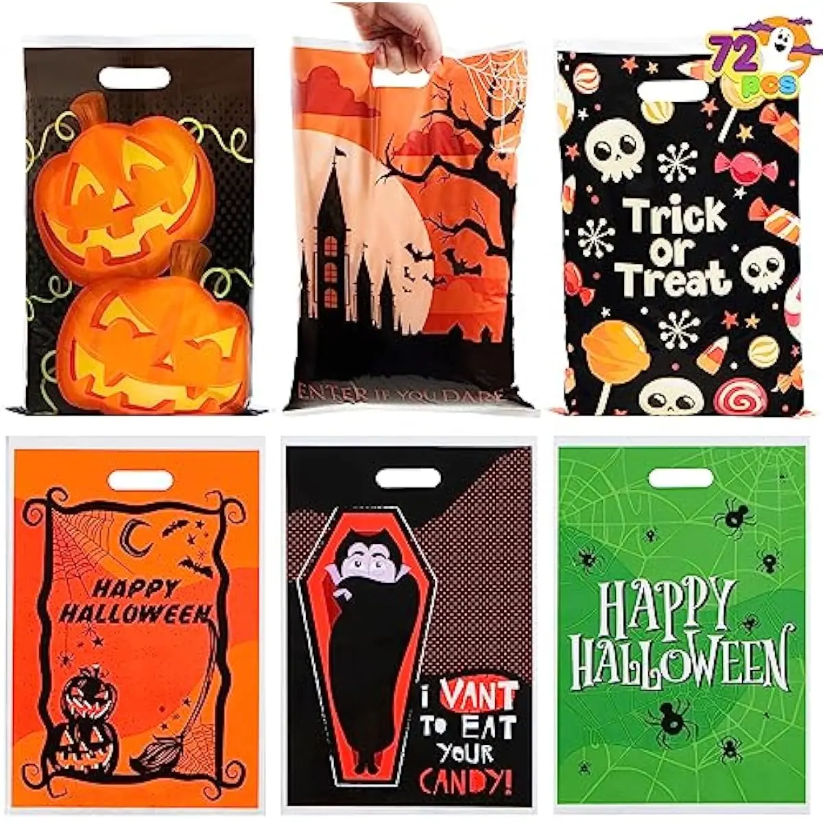 JOYIN 72 Pcs Halloween Candy Bag for Trick or Treating, Plastic Goodie Bags Assorted for Halloween Trick-or-Treat Snacks Party Favors, Event Party Favor Supplies Classroom Prizes