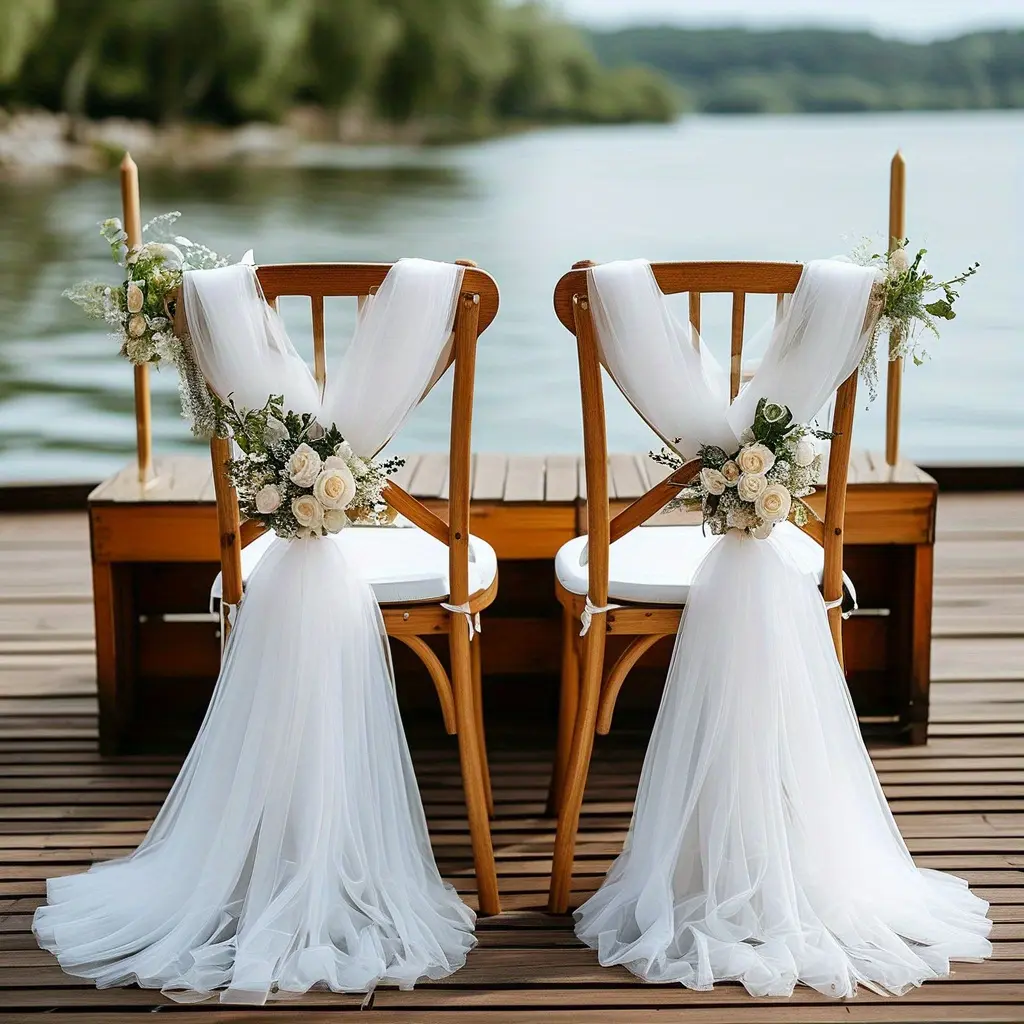 2/8pcs-Chair back decoration gauze, Party table and chair decoration covers,Drape fabric transparent church chair covers bulk for wedding party, birthday party, Slipcover
