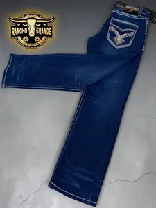 Ptcto- 1405 Dark Blue Men's Western Cowboy Jeans Straight Fit Boot Cut / Pantalon Vaquero para Hombre corte Bota