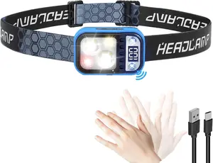 LED Rechargeable Headlamp with LCD Display, Ultra-Light 3 Colors Headlamp with Motion Sensor, White Red Warm Light, 1.7oz 5 Modes  Headlights for Outdoor Camping Hiking