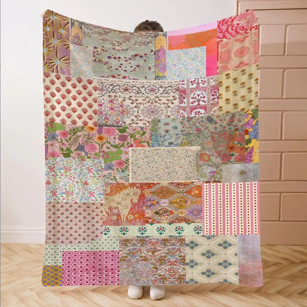 Patchwork Print Flannel Blanket, Soft Comfortable Throw Blanket, Travel Blanket for Home Office, Birthday Gift Blanket for Boys, Girls, Adults