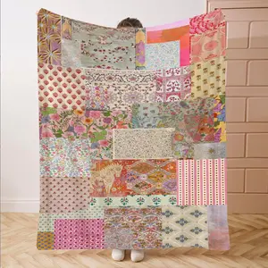 Patchwork Print Flannel Blanket, Soft Comfortable Throw Blanket, Travel Blanket for Home Office, Birthday Gift Blanket for Boys, Girls, Adults