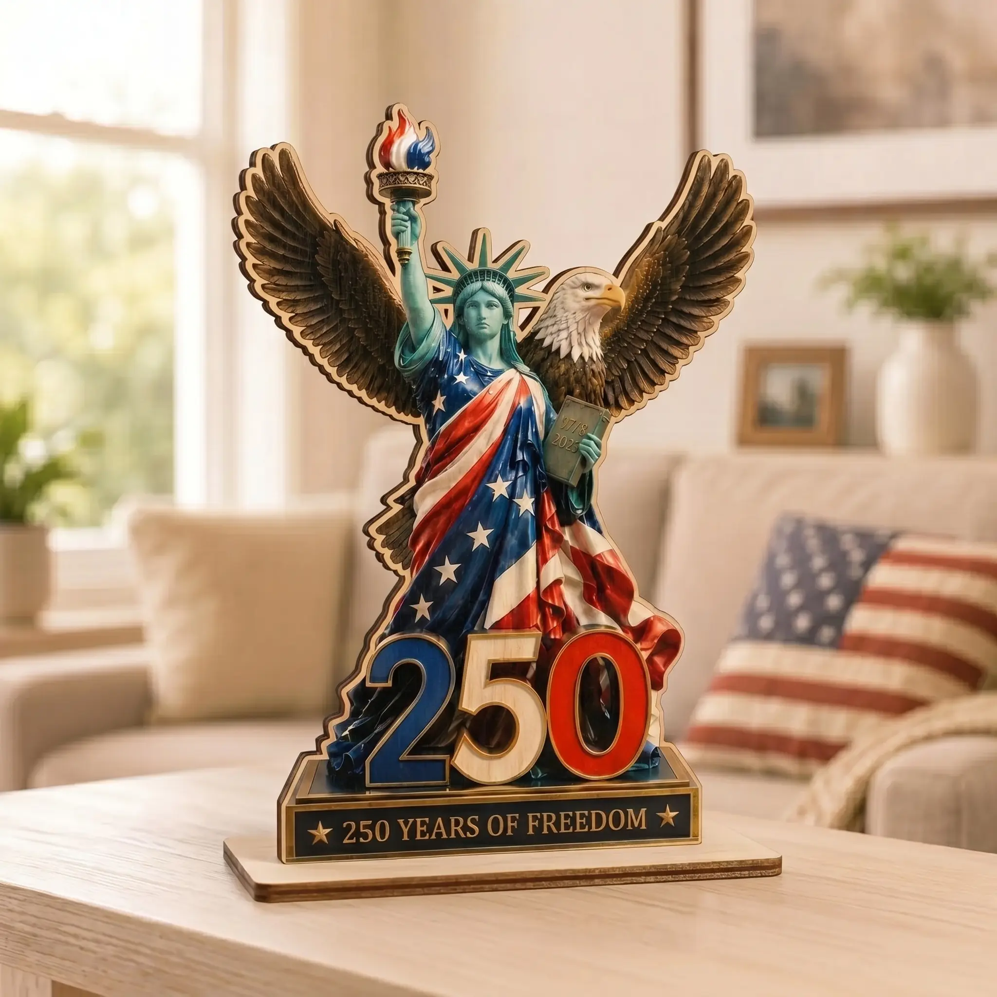 USA 250th Anniversary Statue of Liberty Wooden Block, 1776 2026 Patriotic Eagle Decor, America 250 4th Of July Gift, Independence Day Gift