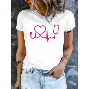 [100% Cotton] Women's Casual Nurse-Themed T-Shirt with Heart and Stethoscope Print, Soft Polyester Blend, Machine Washable - Perfect for Medical Professionals  Golf Gift T-Shirt For Men and Women