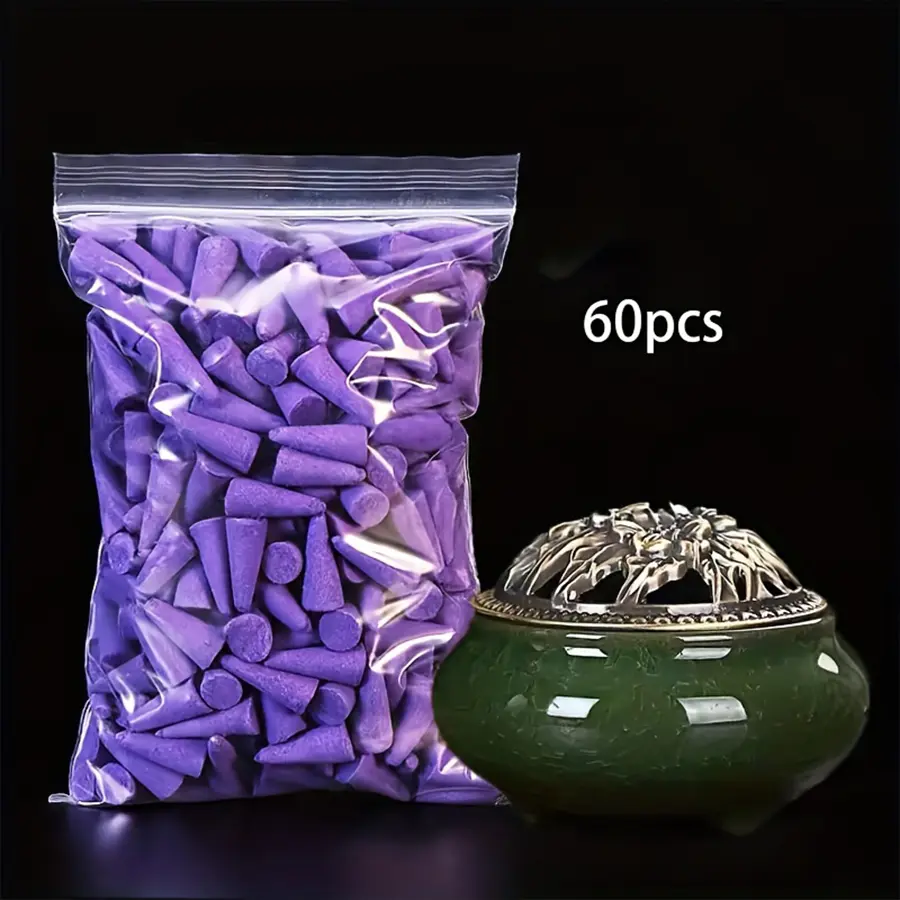 60pcs Lavender Scented Incense Cones - Multicolor Tea Smoke Flavor, Home Pagoda Aromatherapy Cones, Mixed Fragrance Deodorant, Calming Home Fragrance for Cleaning, Meditation, Yoga, Meditation Accessories|Elegant Packaging|Scented Coils