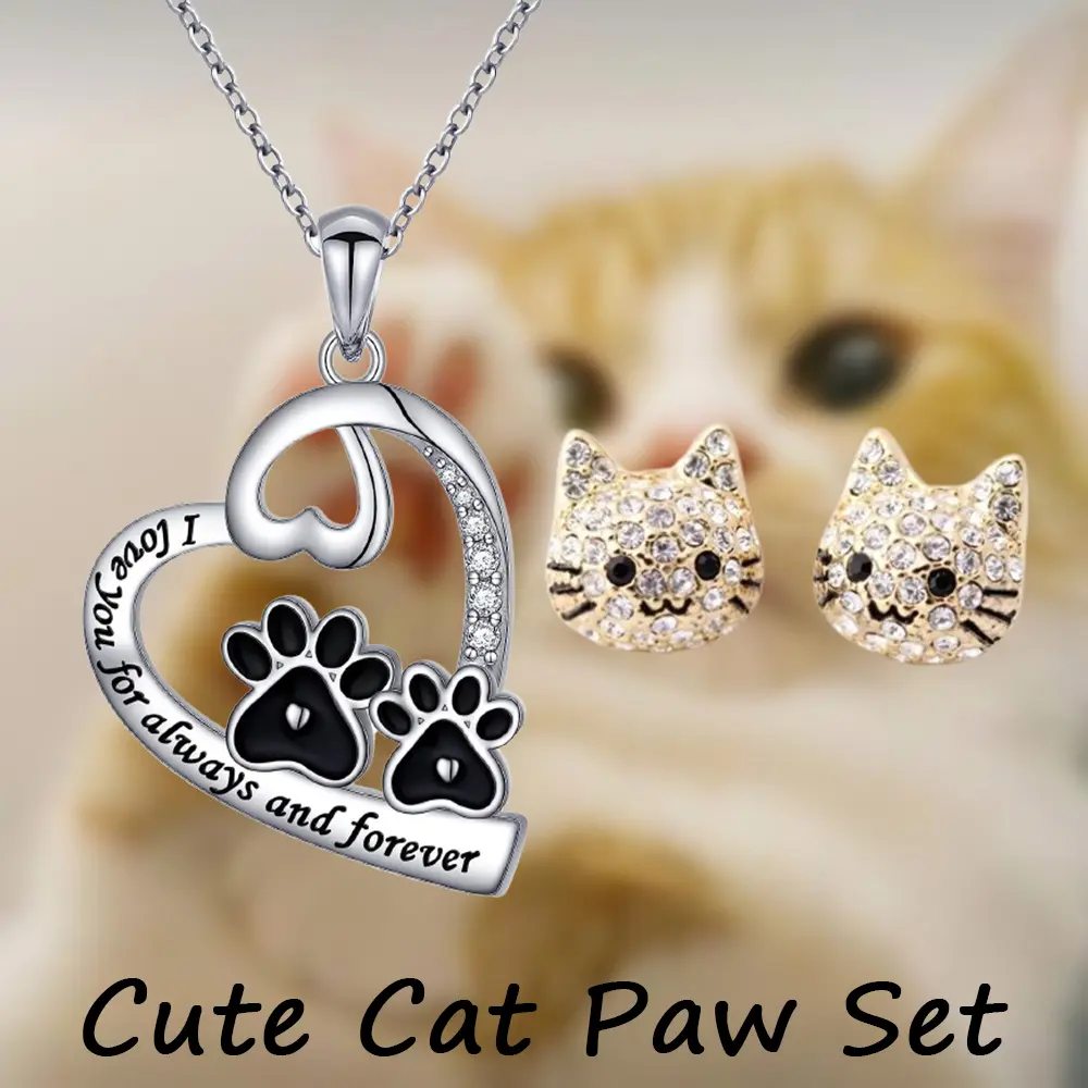 Cat Paw Print Jewelry Set, Cute 3-Piece Dainty Alloy Necklace and Earrings for Women, Hypoallergenic Animal Lover Gift for Christmas & Everyday Wear, Birthday, Fashion