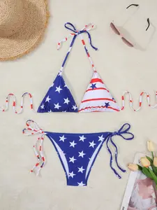 Two-Piece Set Women's Flag Print Bikini Set, Casual Fashion Chic Star Print Swim Top & Tie Side Swim Bottom Two-piece Swimsuit for Beach Holiday Vacation, Backless Swimsuit, Triangle Bikini Top, Triangle Bathing Suit