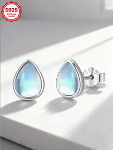 Elegant S925 Silver Waterdrop Moonstone Earrings, Fashion Simple Style Casual Ear Studs, Daily Wear Gift for Valentine's Day, Teardrop Earrings, Elegant Minimalist Earrings