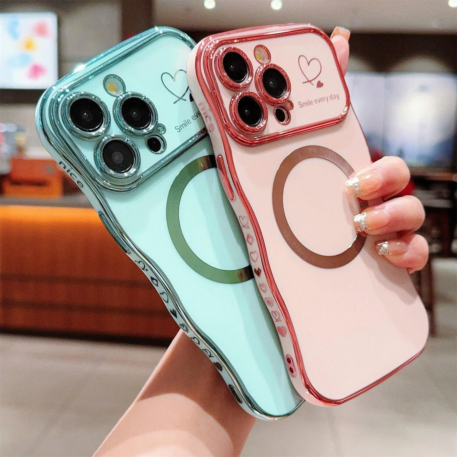 StarTU Magnetic MagSafe Case for iPhone 17 Pro Max / 16 / 15 / 14 / 13 / 12 Pro Max – Cute Curly Wave Frame with Love Heart Design, Shockproof Soft TPU Cover, Full Camera Protection