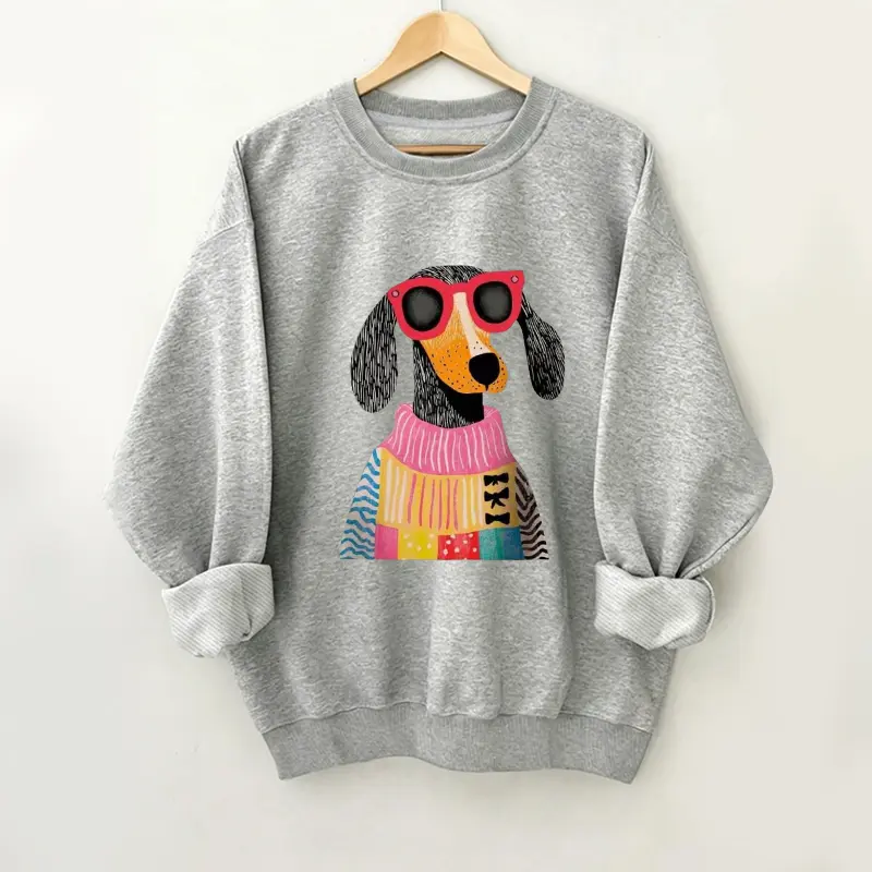 Women's Cute Dog Graphic Sweatshirt, Oversized Casual Round Neck Pullover with Longsleeves, Cotton Blend Fabric Top, Solid, Breathable, Eco-Friendly Printing, Pull On, Casual Pullover, Oversized Fit, Baggy, No