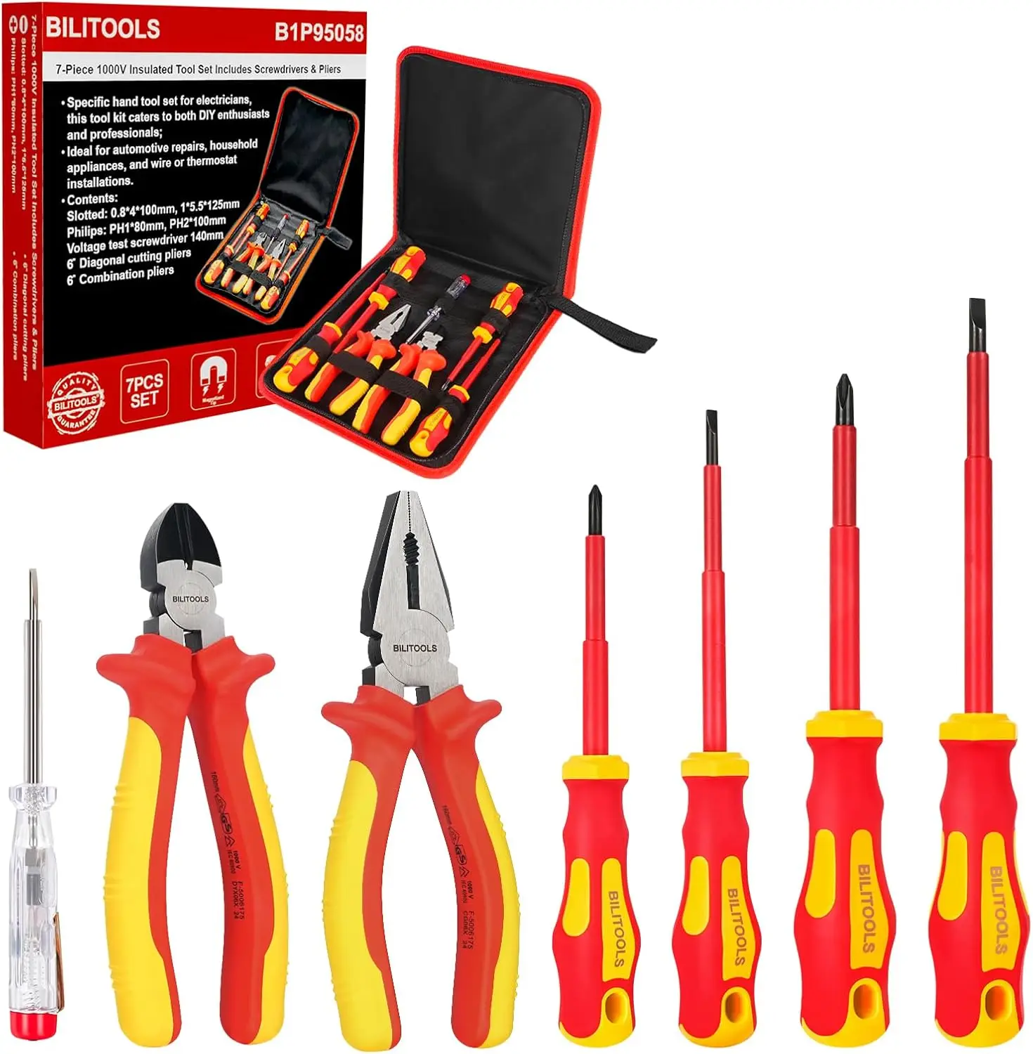 1000V Insulated Electrician Screwdriver & Pliers Set - 7pcs Electrical Tools Kit with Magnetic Phillips, Slotted Screwdrivers, VDE & GS Certified