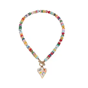 Colorful Glass Corn-Shaped Crystal Necklace OT Clasp Heart Pendant Vintage Beaded Necklace for Women