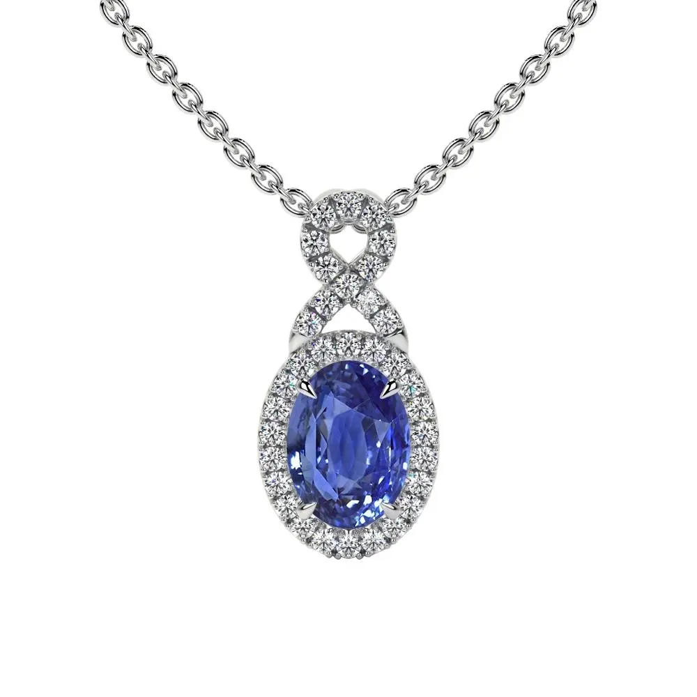 Oval Cut Blue Sapphire Twist Halo Pendant (1.17cttw)- PBS002-7X5-AAA