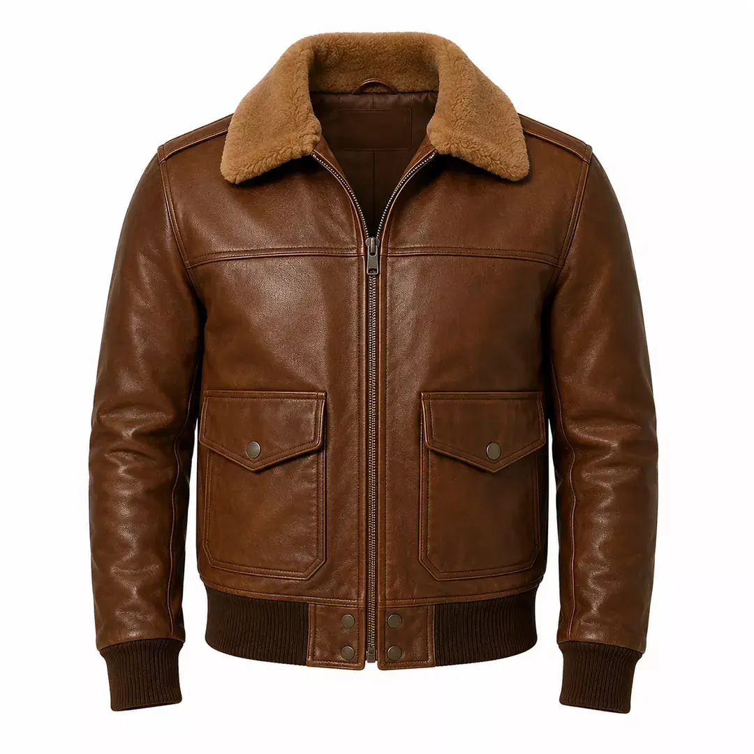 Men’s Brown Leather Aviator Bomber Jacket | Shearling Collar Flight Jacket