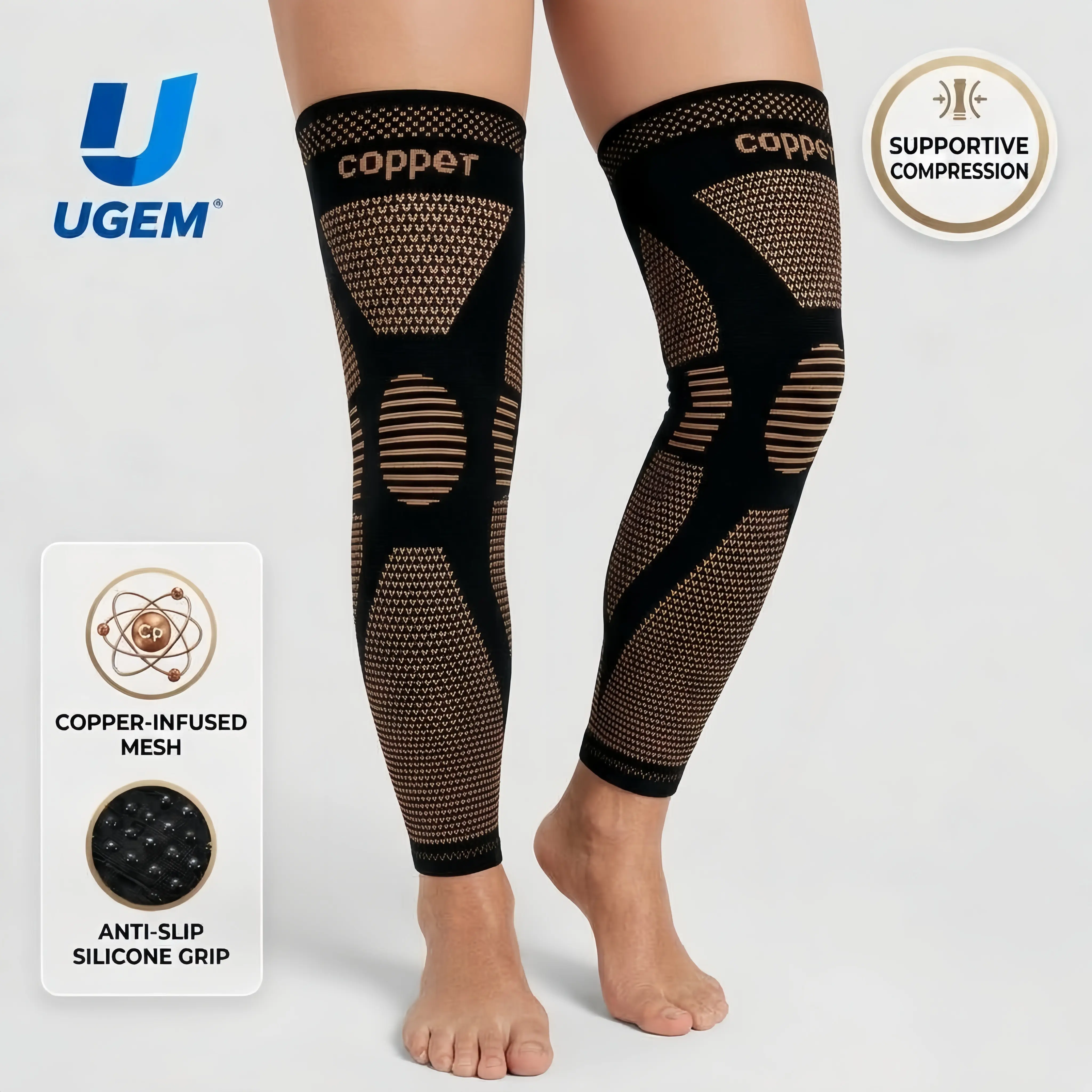 UGEM Copper Full Leg Compression Sleeves - Firm Compression, 4-Way Stretch, Non-Slip Grip, Full-Leg Support, Athletic Sports & Outdoor Accessories