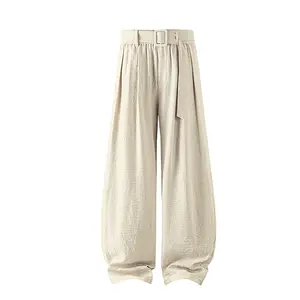 Summer breathable ruched linen pants, square button design with matching belt, high-waisted relaxed vacation wide-leg casual summer trousers #Summervibes #fathersdaygift 	