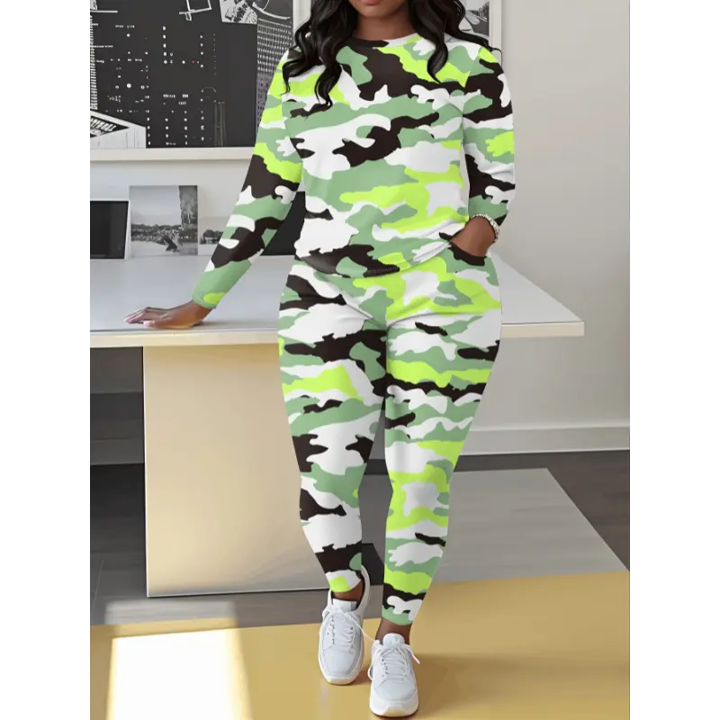 Plus Size Camouflage 2-Piece Sports Co-ord Set - Casual Round Neck Long Sleeve Shirt, Full Length Pockets Pants, Polyester-Elastane Knit Fabric, Loungewear Nightwear, 3XL-5XL, Machine Washable, Pocket Detail