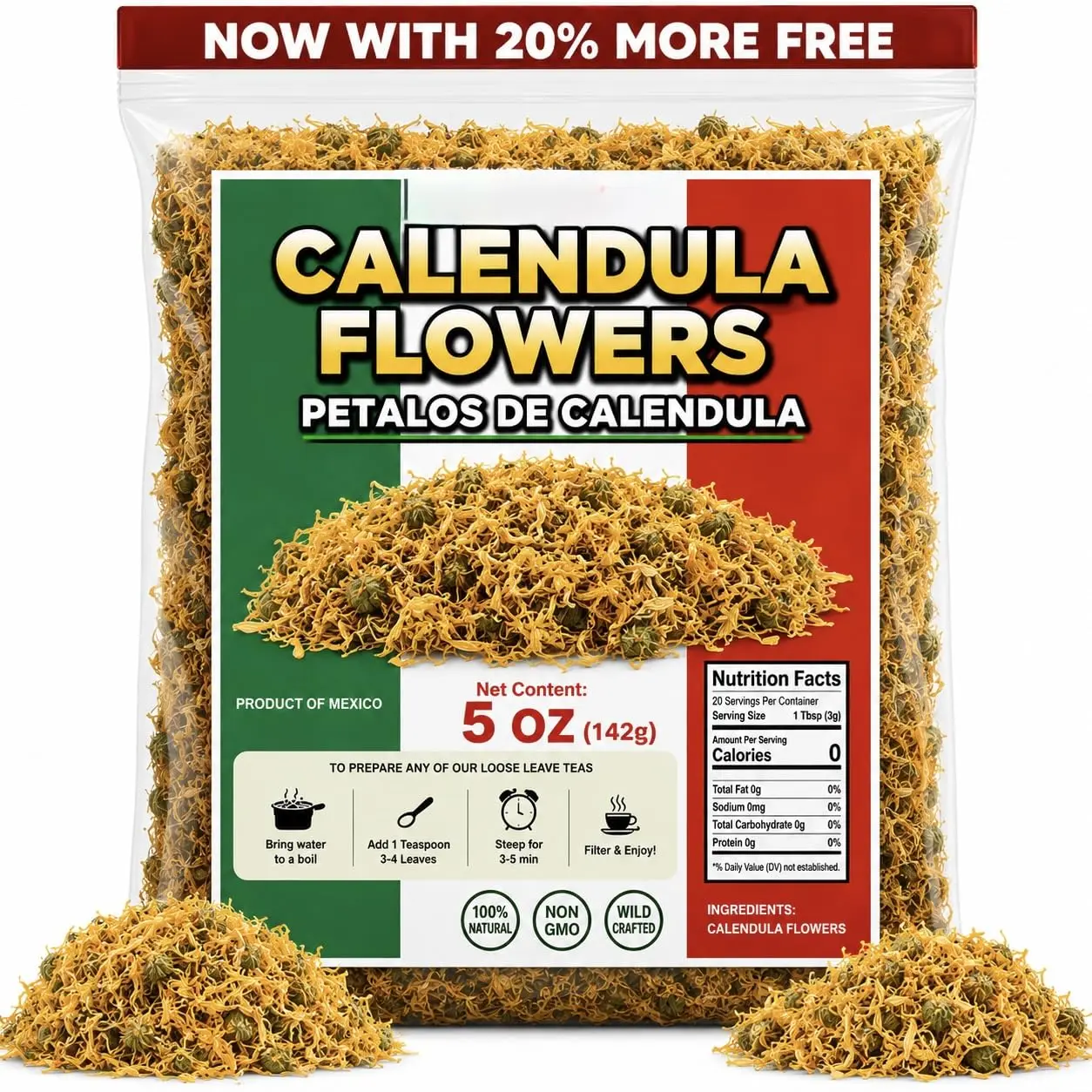 5oz Calendula Herbal Tea Beverage - Dried Marigold Flower Petals (Flores de Calendula) - Loose Leaf, Wildcrafted, Non-GMO, Imported from Mexico - Culinary & Topical Use