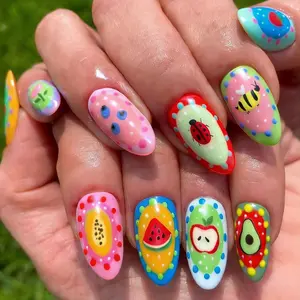 24pcs Press-On Nails Set Includes Jelly Glue & File, Cartoon Fruit Insect Design,Almond Shape False Nails, Watermelon Apple Avocado Ladybug Bee Press on Nails, Stick on Nails