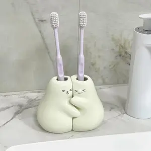 Ceramic Toothbrush Holder Set of 2 – Cute Bathroom Countertop Organizer for Toothbrushes & Pencils – Home Office Table Decor
