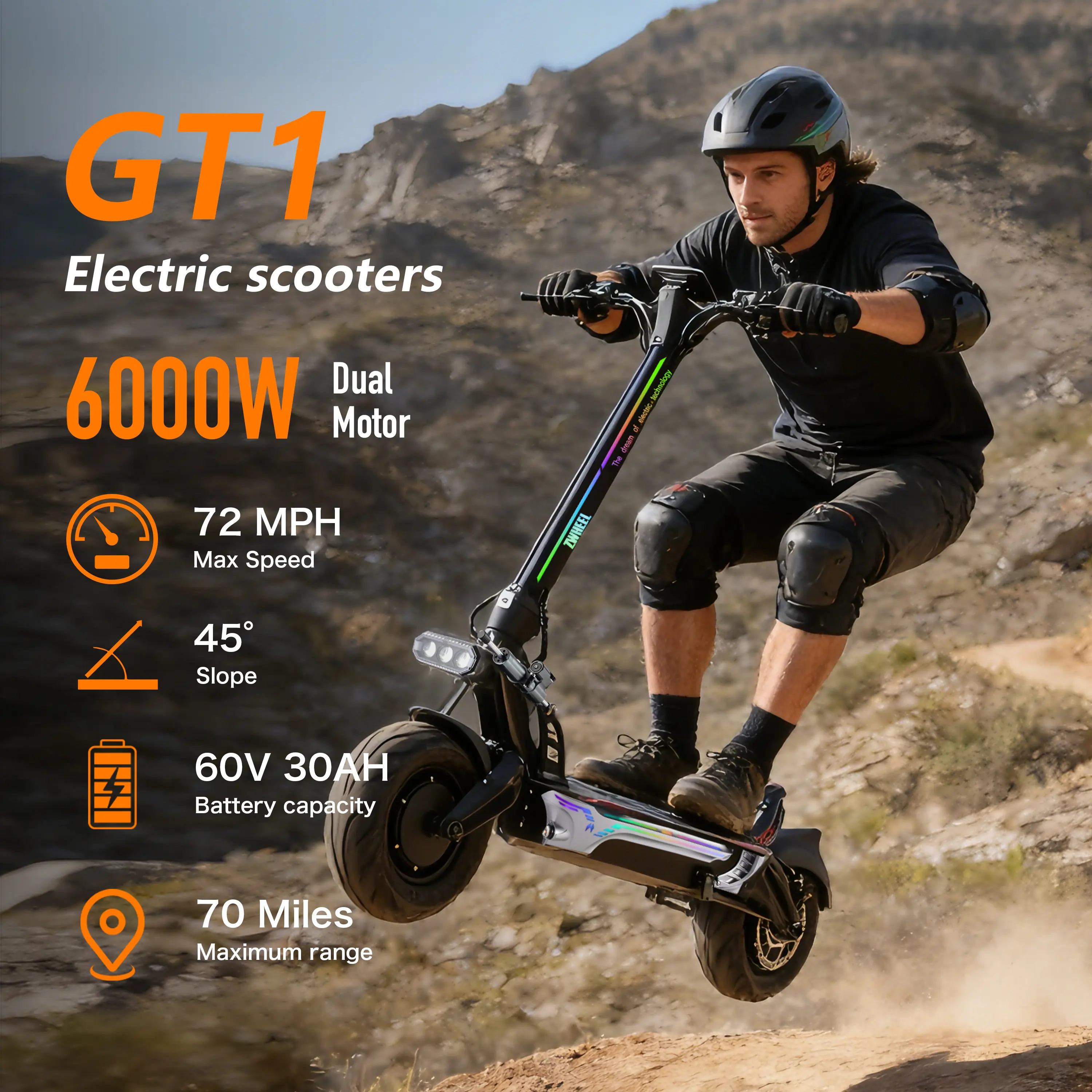 [ZWHEEL] GT1 MAX 72MPH Speed Electric Scooter for Adults, with 6000W dual motors, maximum range of 70 Miles, Equipped with 12'' Tubeless Tires, NFC technology, 4.6'' LED dashboard display screen, hydraulic oil brake system and dual suspension devices