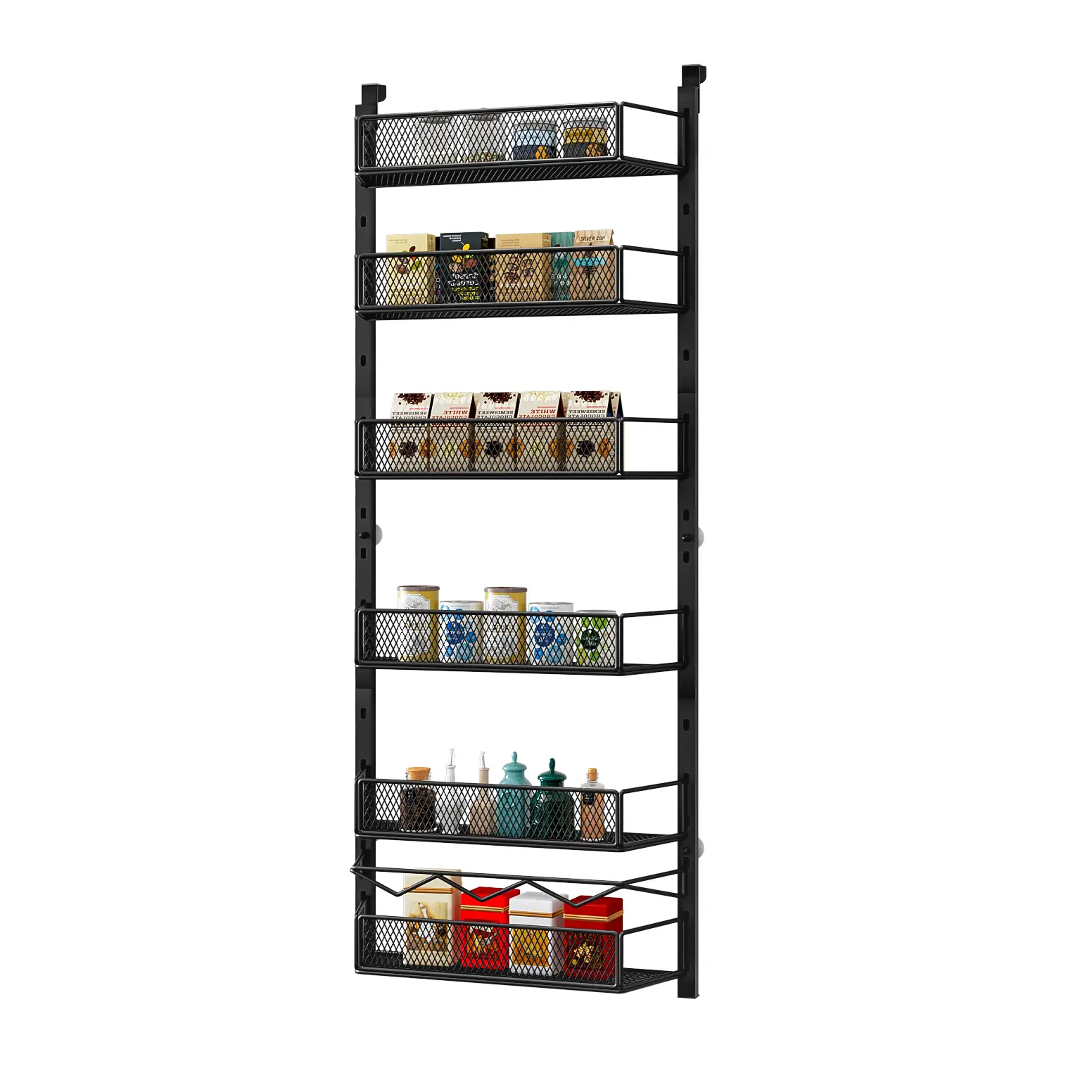 Over-The-Door Metal Storage Rack, 6-Layer Adjustable Durable Pantry Organizer (4.96"d x 17.01"w x 47.24"h) with Hooks & 4 Adhesive Pads, Multi-Room Rectangular Holder for Kitchens/Bathrooms, Father's Day Gift