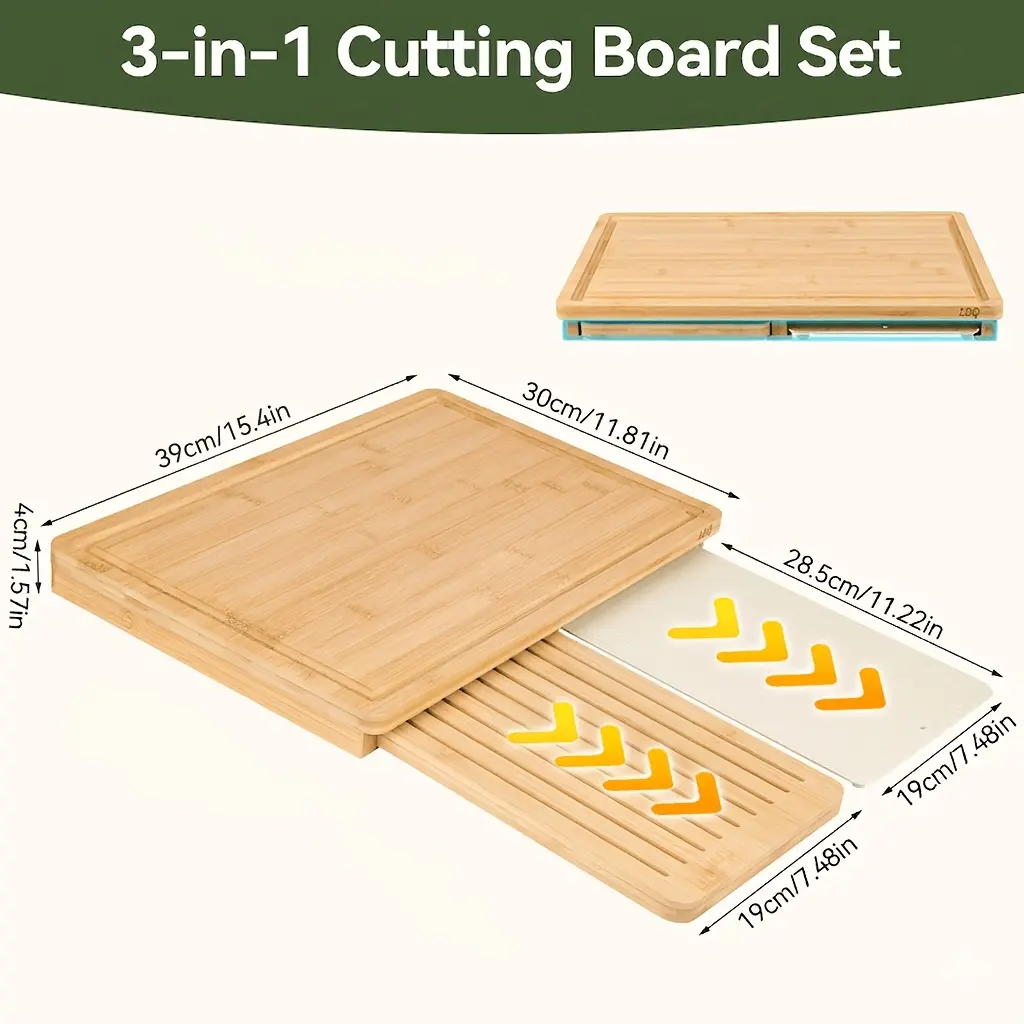 A must-have for a new kitchen! This cutting board does half the work. Multifunctional bamboo cutting board set: aluminum rapid defrost tray + grooved bread board + anti-slip mat, bamboo meat cutting board, cheese board, serving platter.
