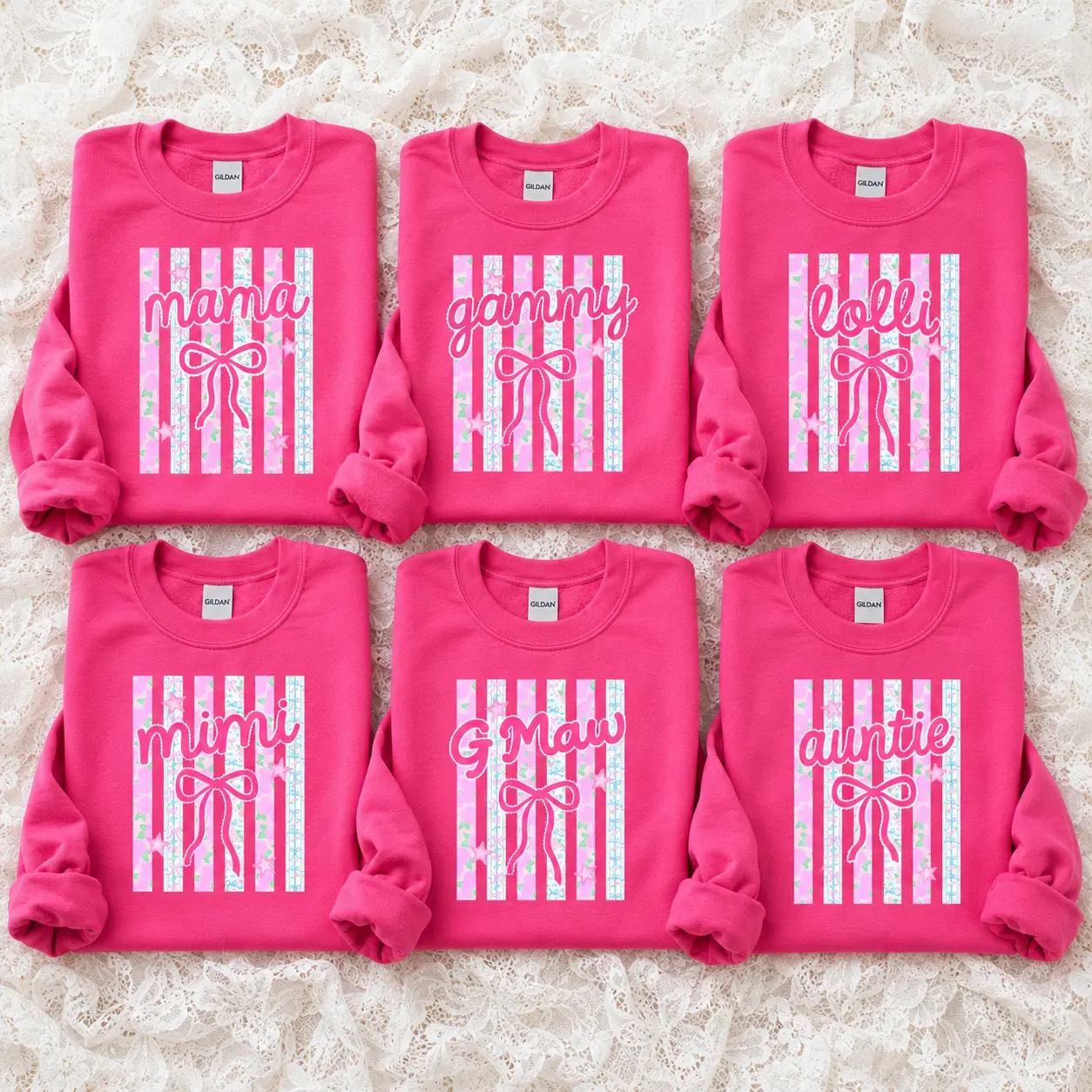 Personalized Grandma Sweatshirt, Cute Mama Gammy Lolli Mimi G-Maw Auntie Bow Floral Stripes Crewneck, Pink Family Matching Pullover, Mother’s Day Gift, Birthday Gift for Grandma, New Grandma, Nana, Mimi and Aunt -DPCLICK