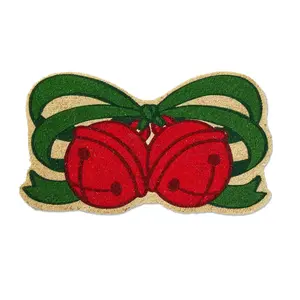 tag Jingle Bells Shaped PVC Coir Door Mat Christmas Red Multi 30x17 inches Easy Clean Natural Coir Doormat