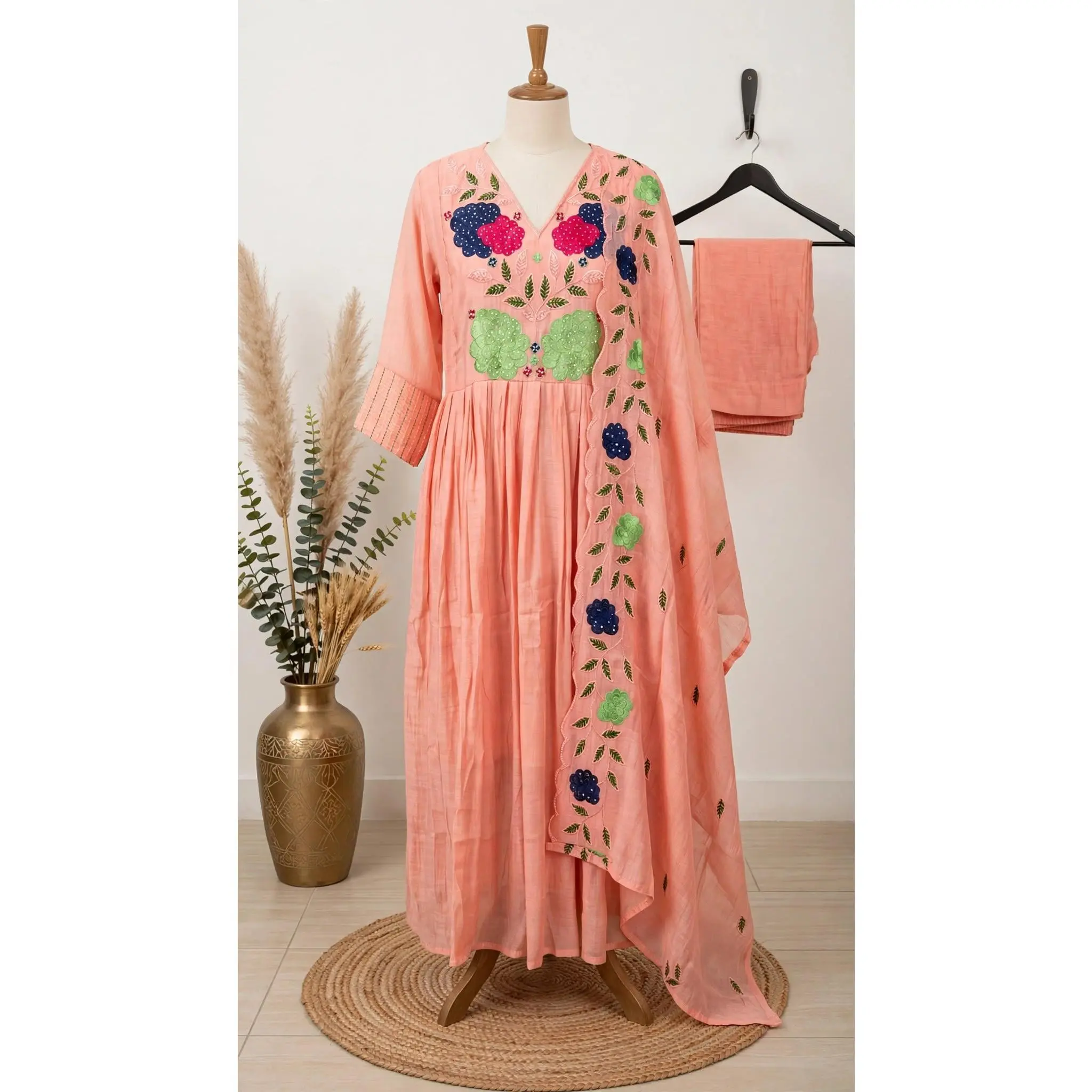 Peach Mul Chanderi  Embroidered Anarkali Set with Dupatta