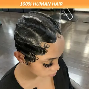 2025 NEW Wholesale Elegant Water Wave Pixie Cut Rose Net Cap Wig for Women - Short Finger Wave Human Hair Wigs, 150% Density, Glueless 4 Inch Retro Style for African Women