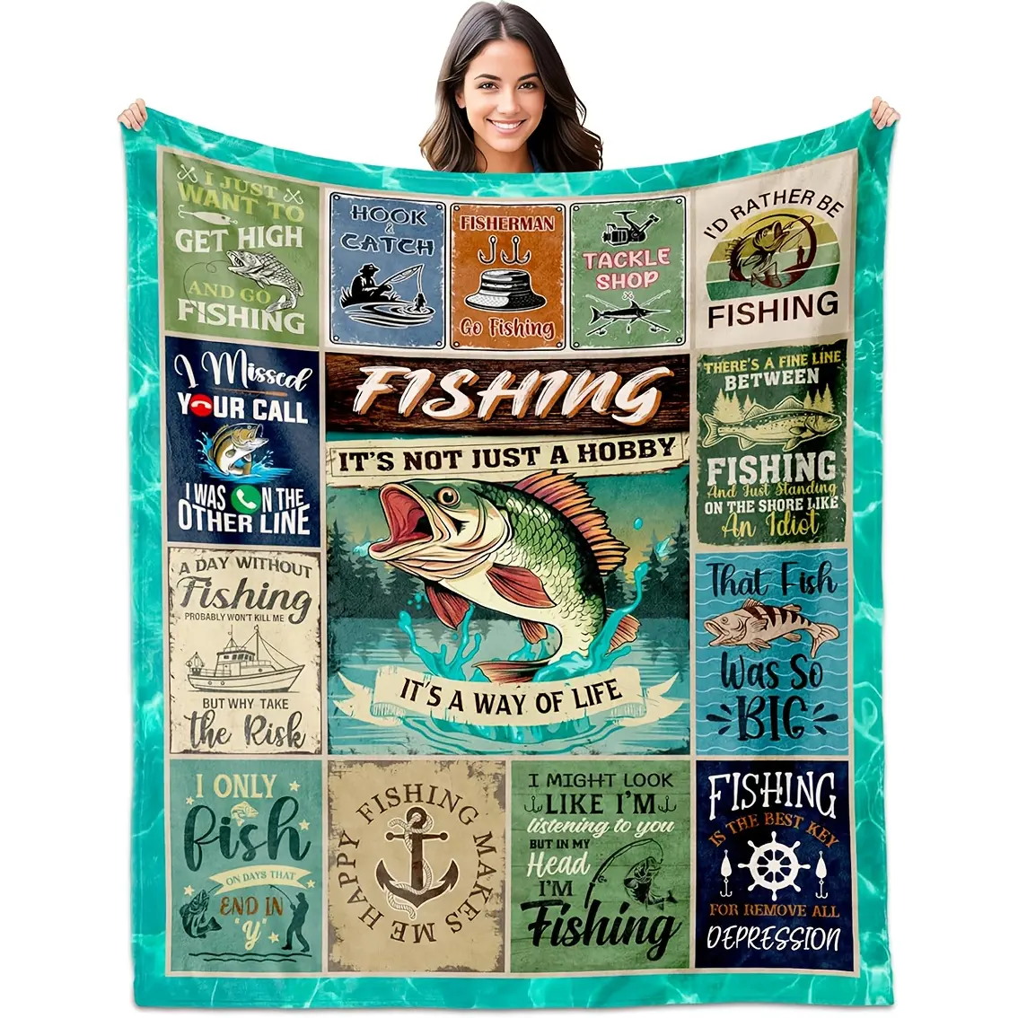 Men's Fishing Gift Blanket, Fun Fisherman's Fishing Gift, Flannel Throw for Fishing Enthusiasts, 1pc Cotton Blend