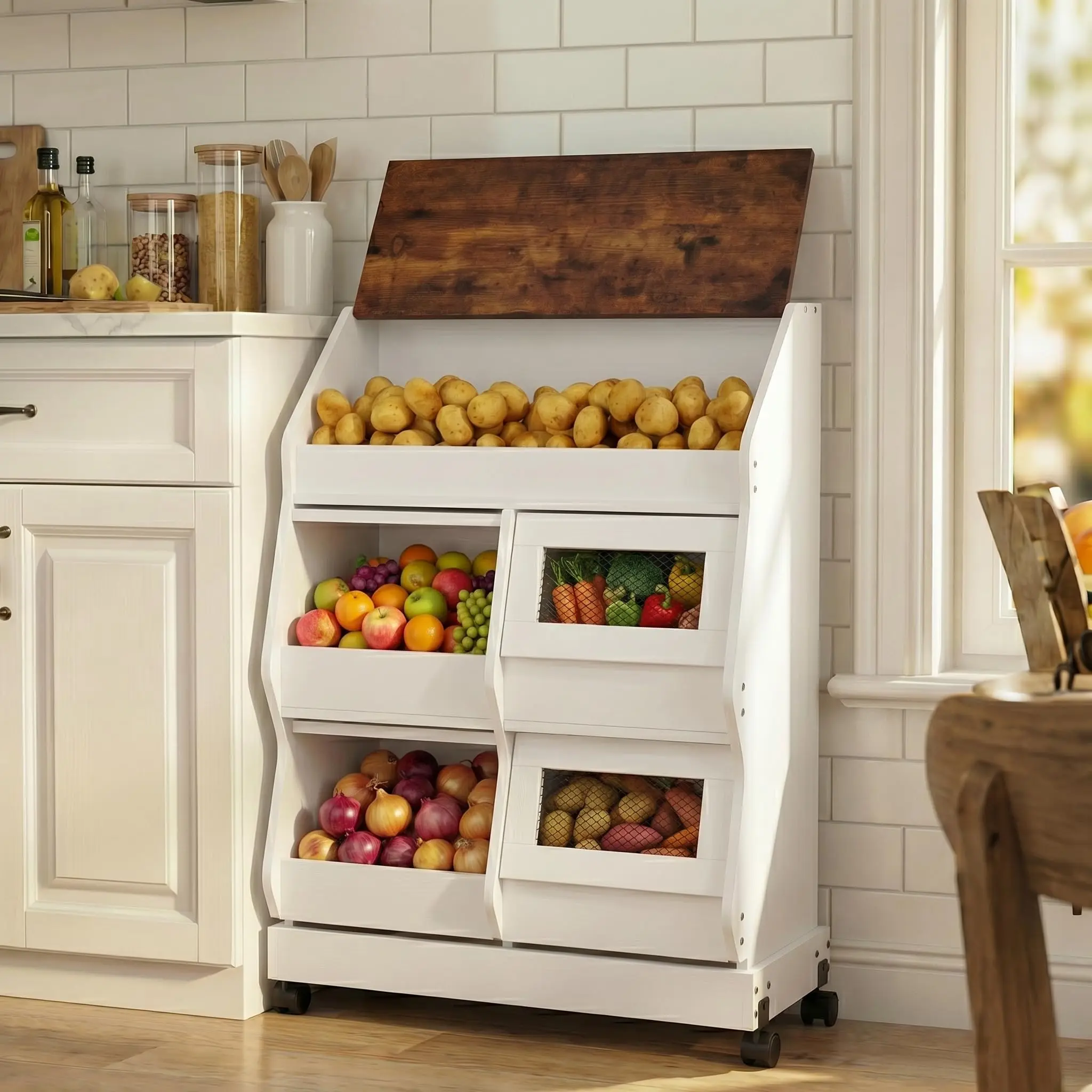 Potato and Onion Storage Bin Large Bread Box on Wheels for Pantry, 3 Tier Bread Container Holder with Lid & Grocery Section, Ventilation Mesh, Vegetable Organization Cabinet for Kitchen