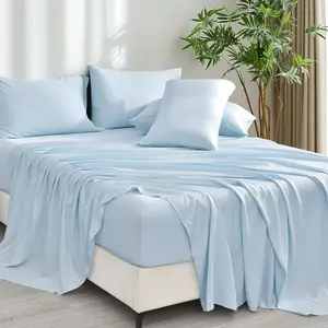 6 count  Rayon Derived from Bamboo_ Sheets Set  Size, Cooling Sheets for Hot Sleepers,  Elastic Band & 16" Deep Pocket, Luxury Silky Soft Breathable Bedding Set & Pillowcase, Sky Blue
