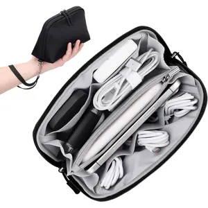 Travel  Organizer - 8 Compartments Lightweight Water Resistant Tech Pouch with Wrist Strap, Portable  Accessories Case for Cord Charger Storage for Travel  Office, Black (Small)
