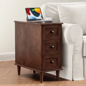3-Drawer End Table with Built-in Charging Station, No Assembly Required Narrow Side Table with Outlets and USB Ports, Slim Nightstand for Living Room, Bedroom, Entryway