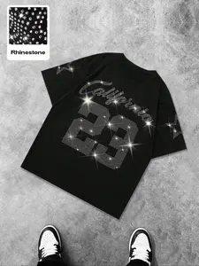 Men's Casual Short Sleeve T-Shirt, Summer Comfortable Rhinestone Design, Stylish Daily Wear Top, Fitted Medium Fabric, Casual Style