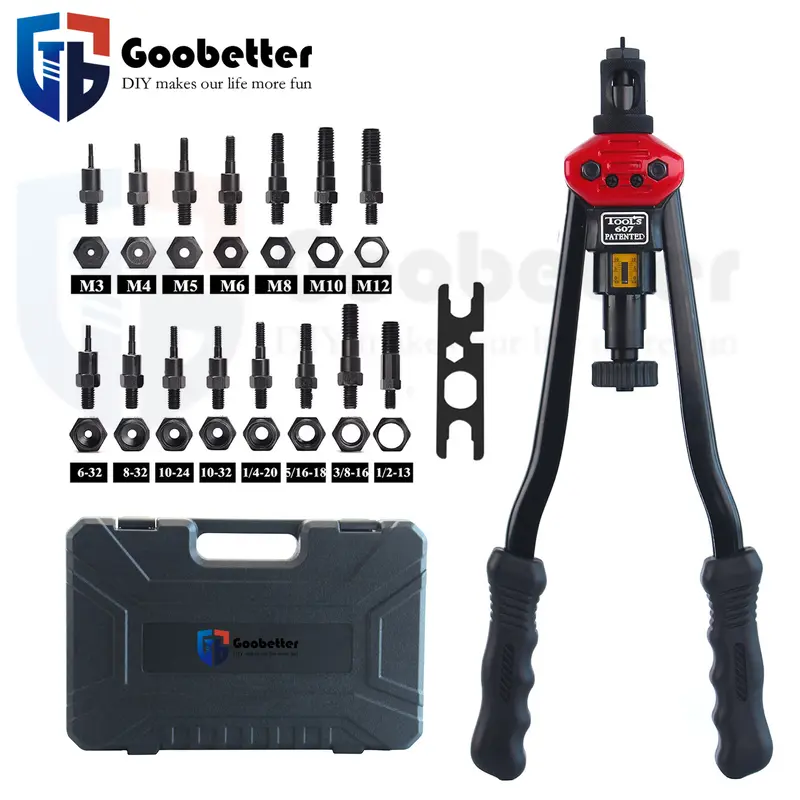 Heavy Duty Rivet Nut Setting Hand Tools Tool Kit - Carbon Steel & Alloy Steel Build, Ergonomic Plastic Handles, 15 Mandrels (8 Types SAE Included), Metric & SAE Compatibility, Durable Case, for DIY Enthusiasts, Hardware Work