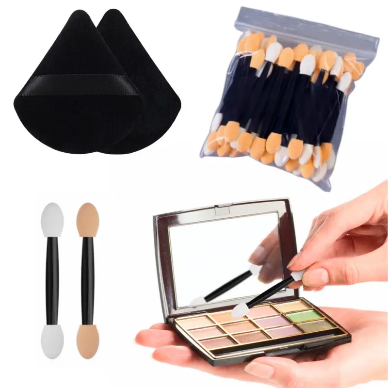 Makeup Tools Set - Large Pack 300 Disposable Eyeshadow Brushes, 2 Black Triangle Soft Sponges, Double-Sided Eyeshadow Brushes, Compact & Portable for Daily Precision Application