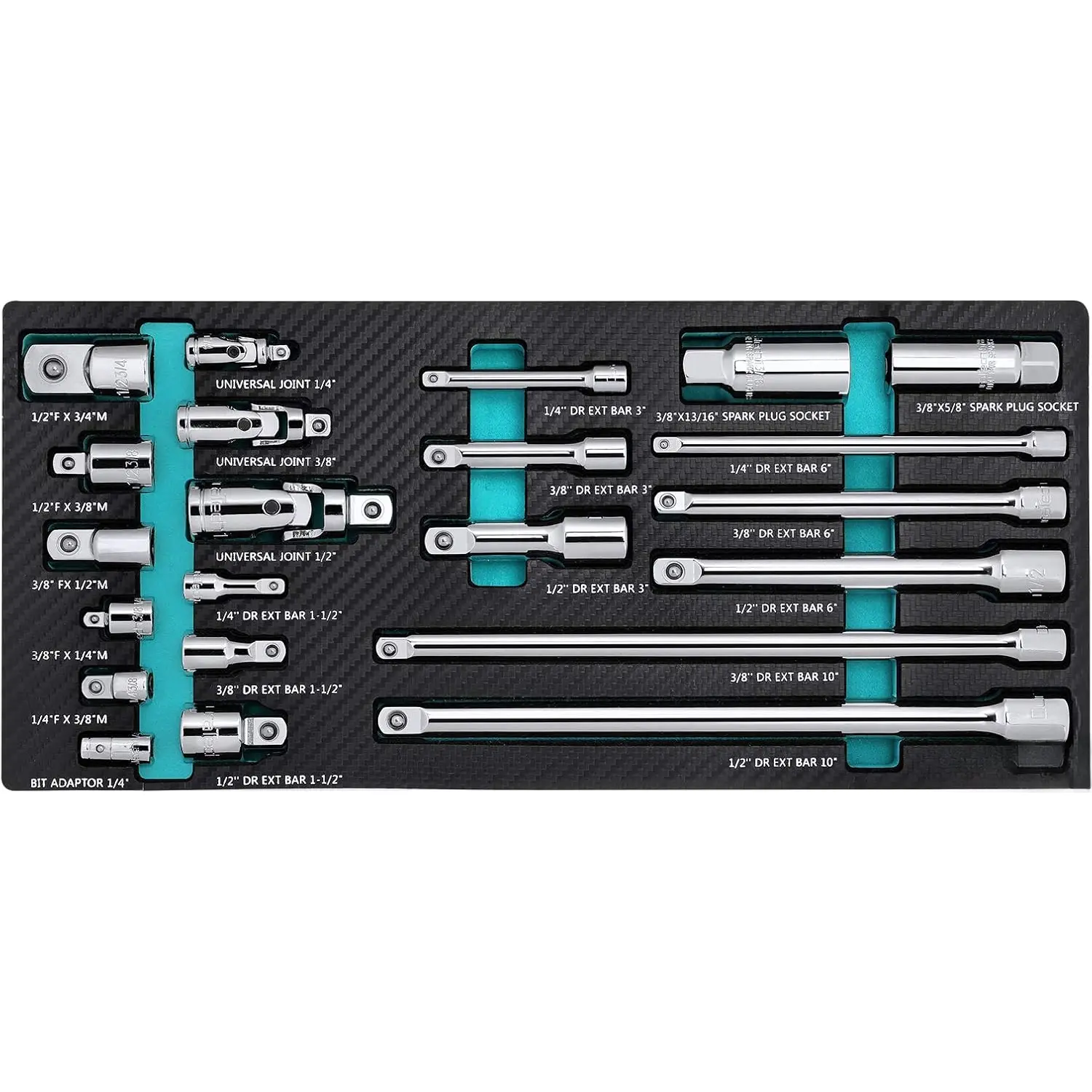 22- Drive Tool Accessory Set, Including 1/4 3/8 1/2 Extension Bars, Socket Adapters, Universal Joints, Spark Plug Sockets, Professional Socket Accessories, Cr-V Steel, EVA  Package
