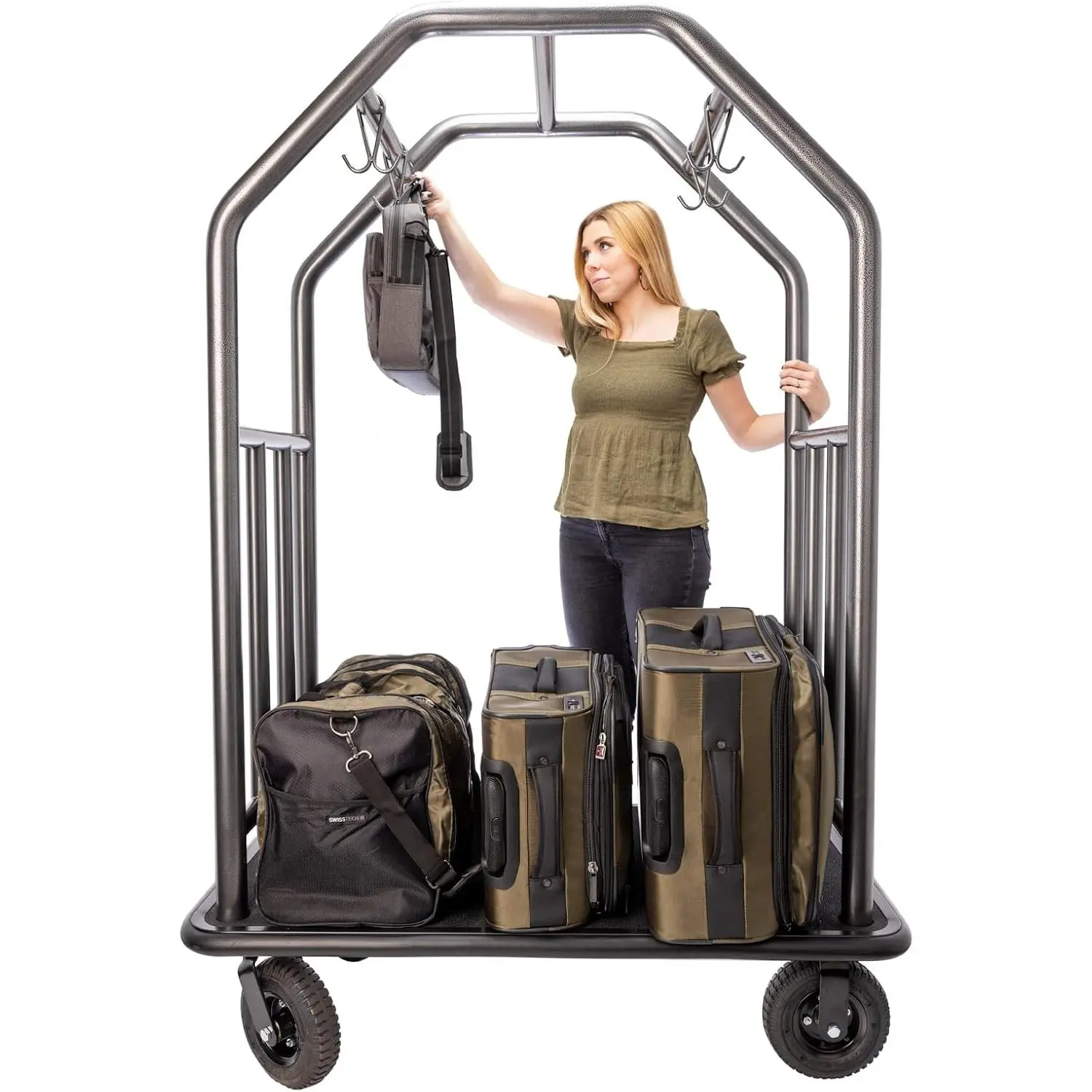 Hammertone Stainless Steel Luggage Cart, Hotel Bell Cart, 165lb Capacity | Weather-resistant luggage cart w/ stainless steel frame, rubber deck, & solid rubber wheels for travel, hotels, & beach front