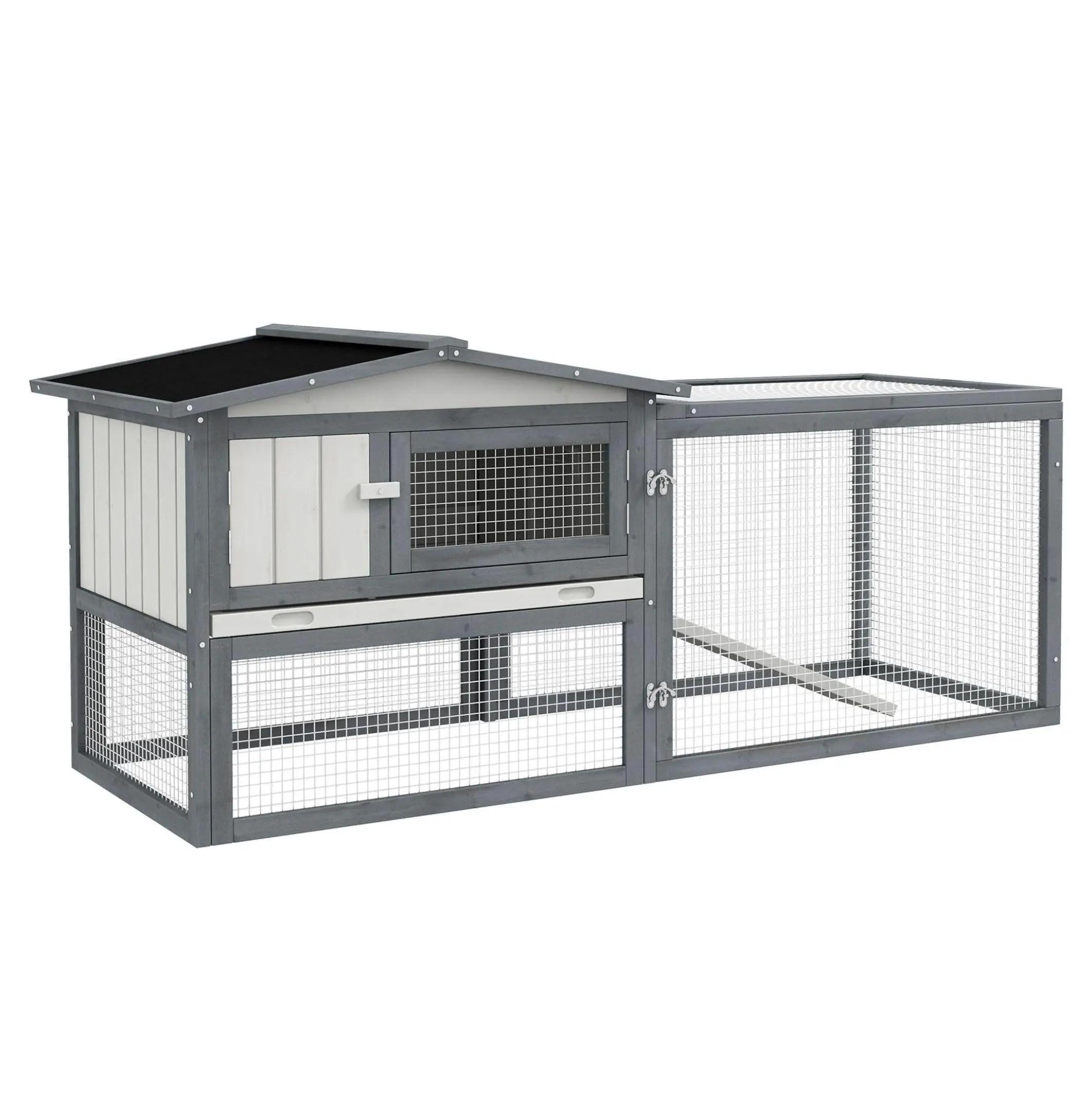 61" Fir Wood Outdoor Rabbit Hutch - Predator Safe, Weatherproof with Asphalt Roof & Exercise Space for Bunnies, Guinea Pig Small Animal Habitat, White