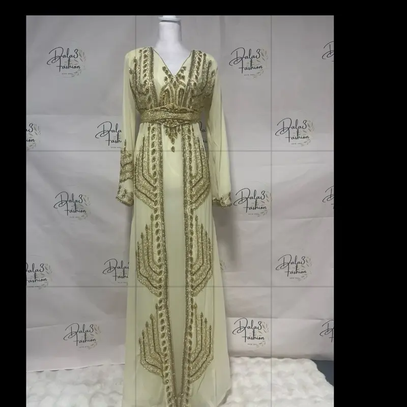 Stunning Gold Beads Chiffon Kaftan with Matching Belt - Available in Eight Colors for Stylish Wear
