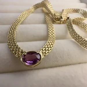 <PingEast jewelry > 925 Sterling Silver Gold-Tone Wide Woven Chain Necklace with 5x7mm Natural Pure Deep Purple Sri Lankan Sapphire Pendant, with Certificate
