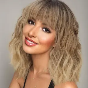 Synthetic Wavy Curly Bob Wig with Bangs Ombre Blonde Mixed Short Hair for Women Synthetic Heat Resistant Bob Wigs