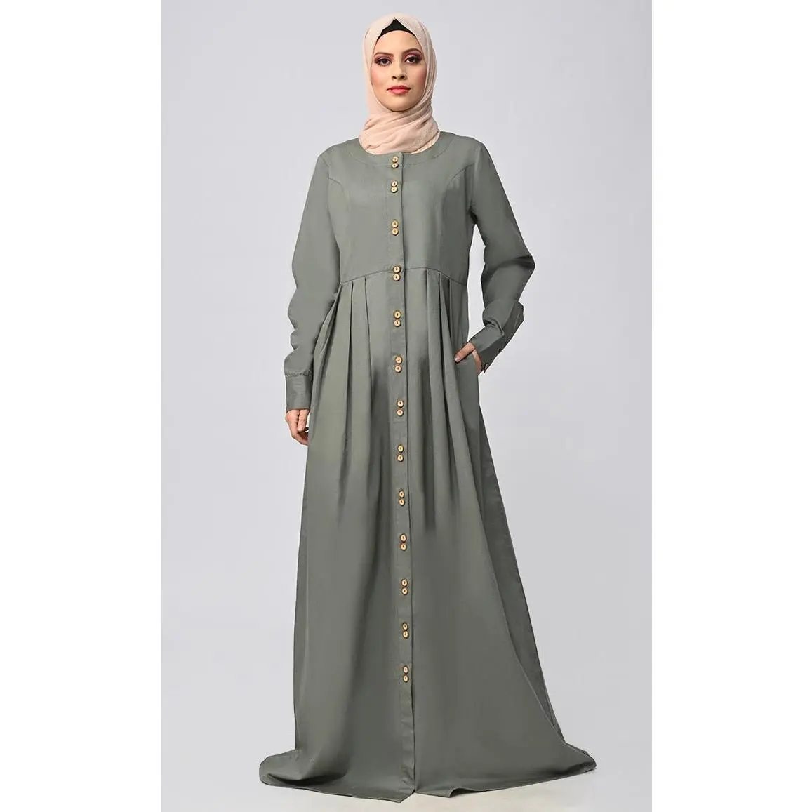 Pleated Waist Cotton Abaya ·Front Open with Pockets