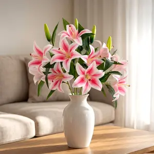 5 Stems Faux Artificial Lily Flowers, Farmhouse Rustic Elegant Style, 25.59in Long Stem with 2 Flower Heads Per Stem, Buds and Leaves, Lifelike for Home Decor Wedding DIY Floral Arrangement Holiday Gift