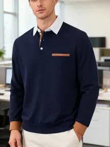 Men's Long Sleeve Polo Shirt with Contrast Collar & Cuffs, Chest Stripe Design, Soft Casual Business-Casual Top for Office, Daily Wear & Spring/Fall, Breathable Polo