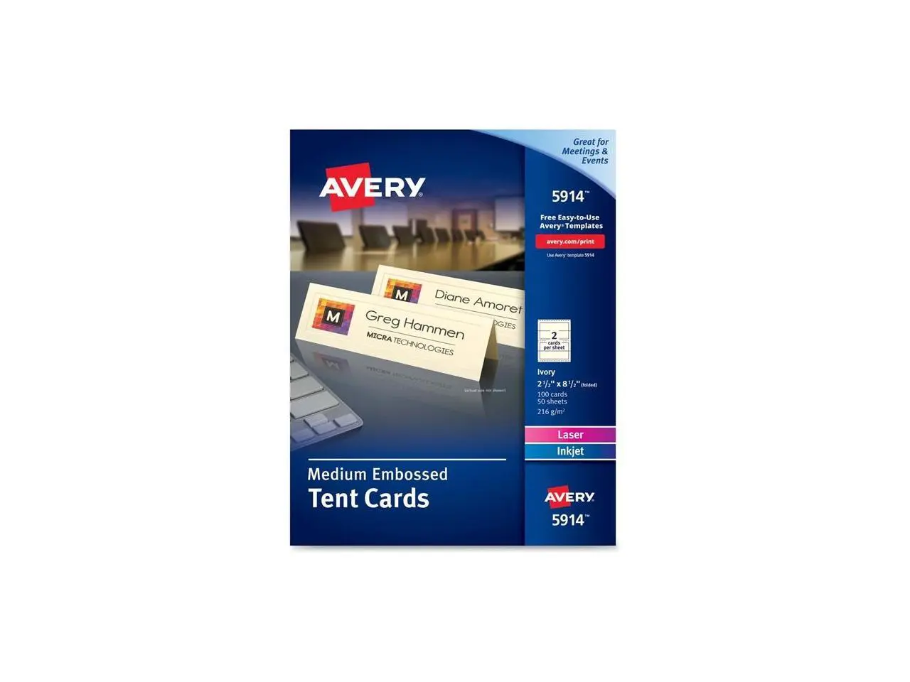 Avery 5914 Medium Embossed Tent Cards, Ivory, 2 1/2 X 8 1/2, 2 Cards/Sheet, 100/Box